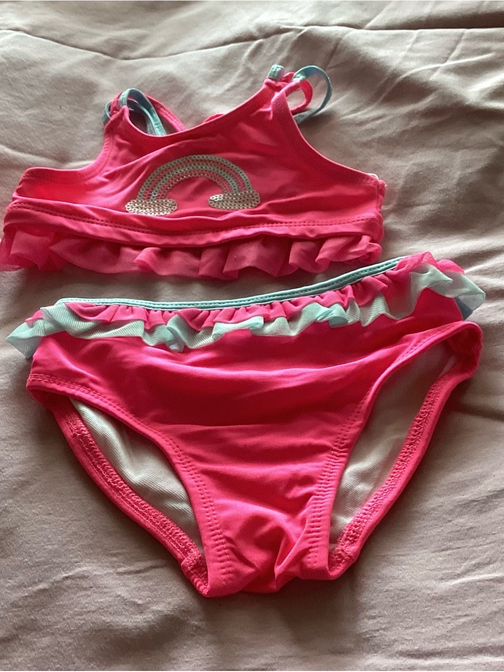 New Girls' Pink Ruffle Two-Piece Swim Set with Rainbow Accent